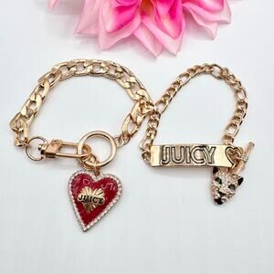 Juicy Couture Charm Bracelets Chain Heart Jeweled Lion Gold Tone Set Of Two
